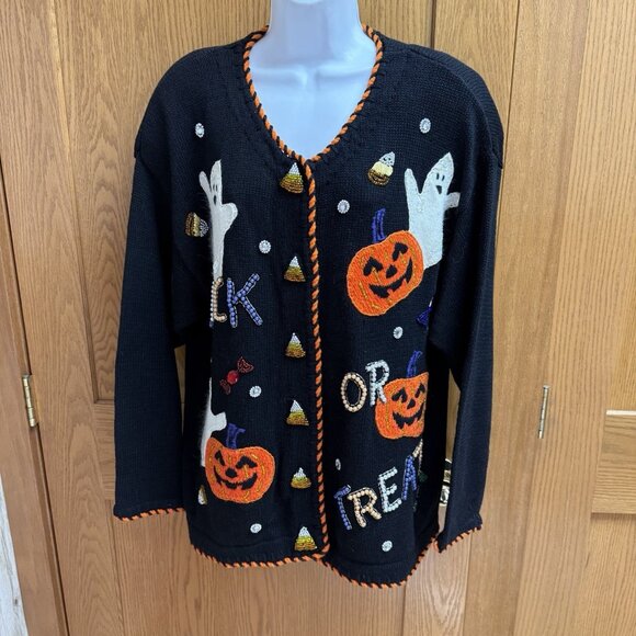 Jacque & KoKo Fall Halloween Pumpkin Ghost Embellished Cardigan Sweater -  2X ? - Picture 1 of 5